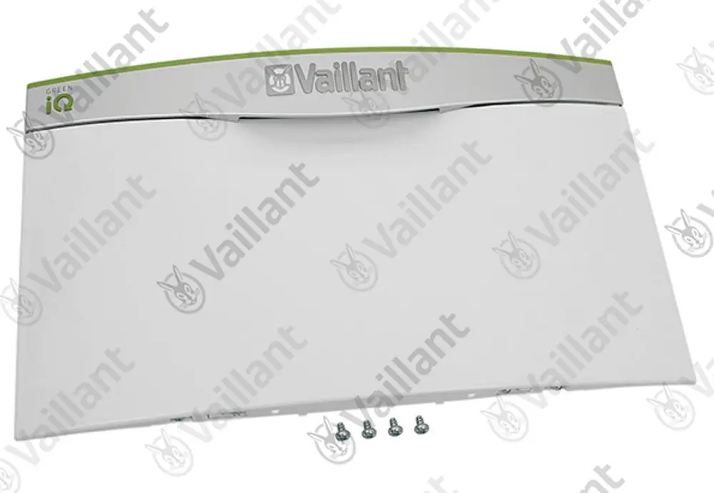 Vaillant Deckel in Weiß mit grünem Logo, versehen mit Befestigungsschrauben, für den Austausch oder die Reparatur von Heizgeräten.